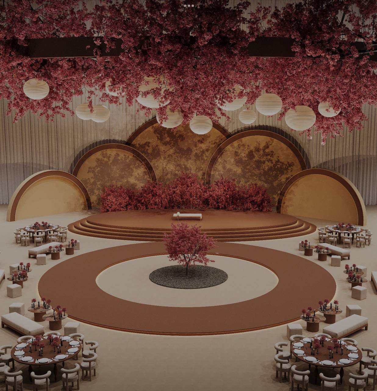Design render of a wedding stage under a cherry-blossom canopy with round guest tables by RAW Group